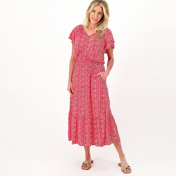 Destination 365 Dresses & Skirts - Destination 365 Short-Sleeve Midi Dress w Smocking- Red (sz Small) a596751
